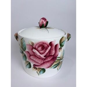 Vintage Painted Pink Rose Ceramic Lidded Jar 3D Rosebud Finial Cottagecore AS-IS